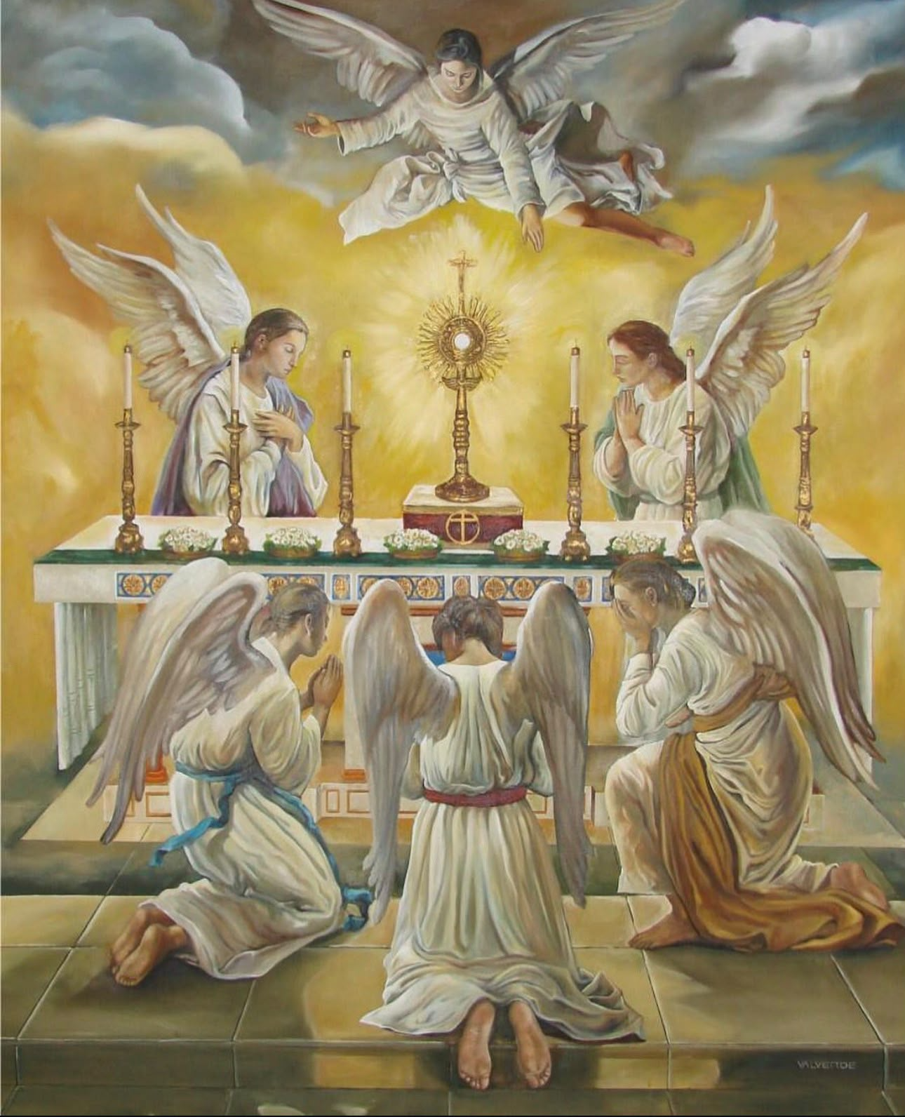 Pintura al óleo de ángeles adorando al Santísimo Sacramento en un altar con custodia